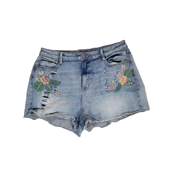 Arizona Jeans Co. Juniors Denim Shorts Distressed/Thrashed Blue Floral - Picture 1 of 4